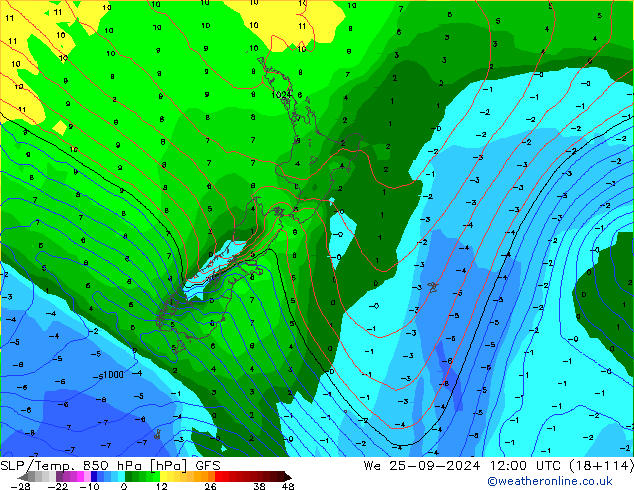 SLP/Temp. 850 hPa GFS mié 25.09.2024 12 UTC