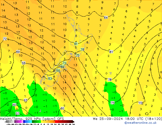 Height/Temp. 925 hPa GFS We 25.09.2024 18 UTC