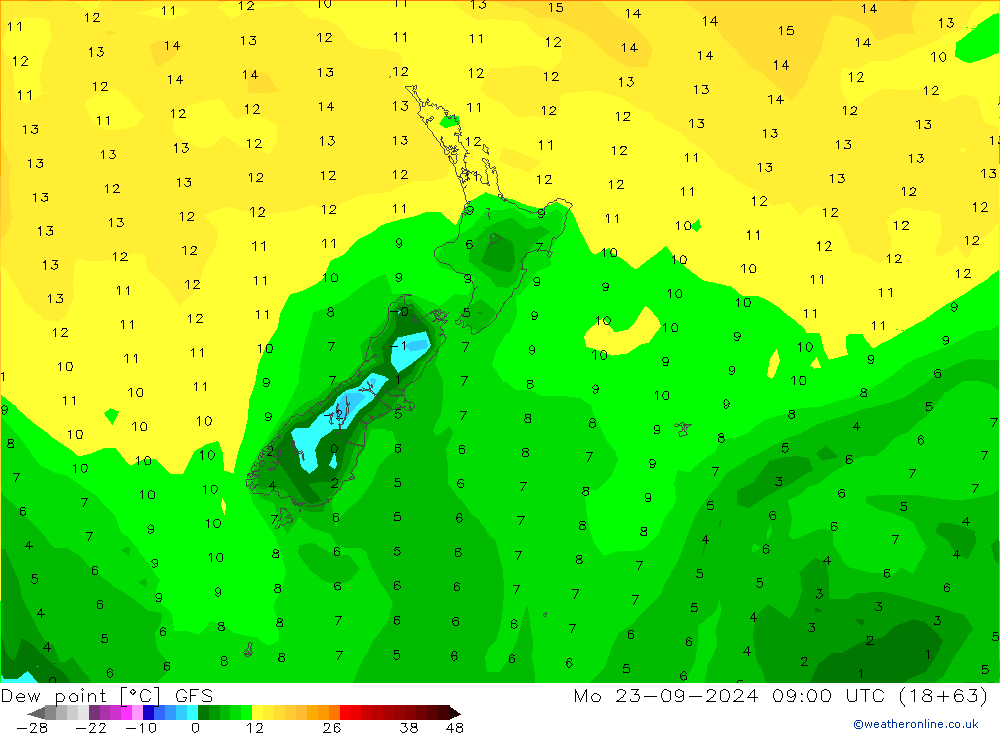 Dew point GFS Mo 23.09.2024 09 UTC