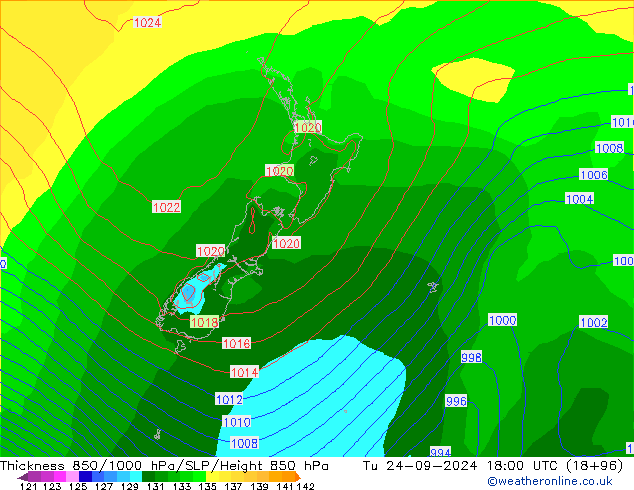 Dikte 850-1000 hPa GFS di 24.09.2024 18 UTC