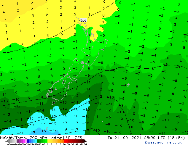 Height/Temp. 700 hPa GFS Tu 24.09.2024 06 UTC