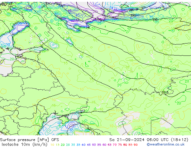 Isotaca (kph) GFS sáb 21.09.2024 06 UTC