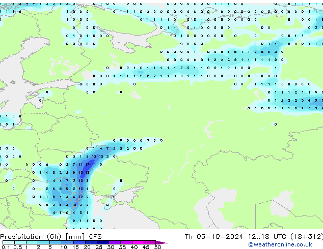 Precipitación (6h) GFS jue 03.10.2024 18 UTC