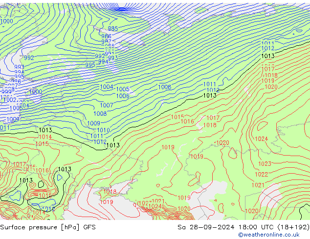 Atmosférický tlak GFS So 28.09.2024 18 UTC