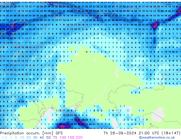 Precipitation accum. GFS  26.09.2024 21 UTC