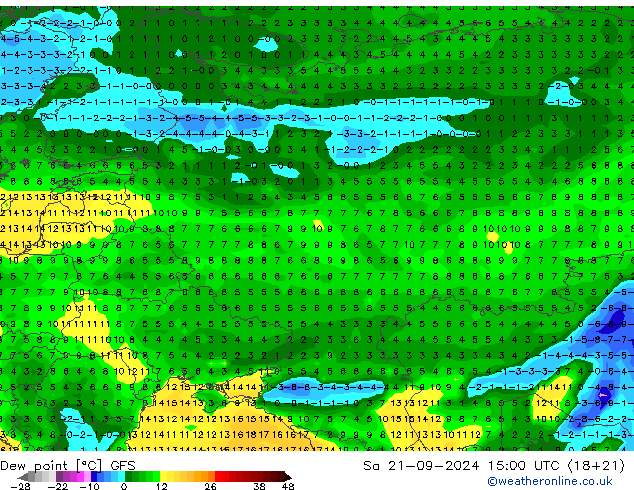 Ponto de orvalho GFS Sáb 21.09.2024 15 UTC