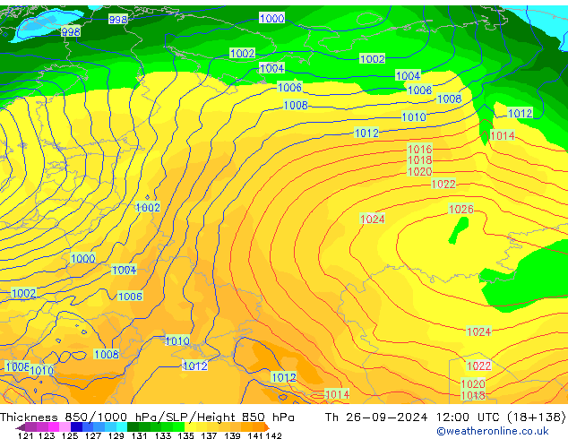 Thck 850-1000 гПа GFS чт 26.09.2024 12 UTC