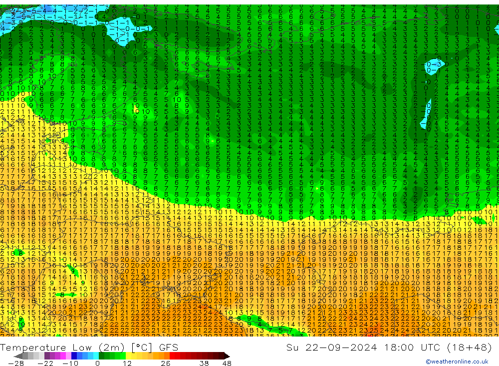 Temperature Low (2m) GFS Su 22.09.2024 18 UTC