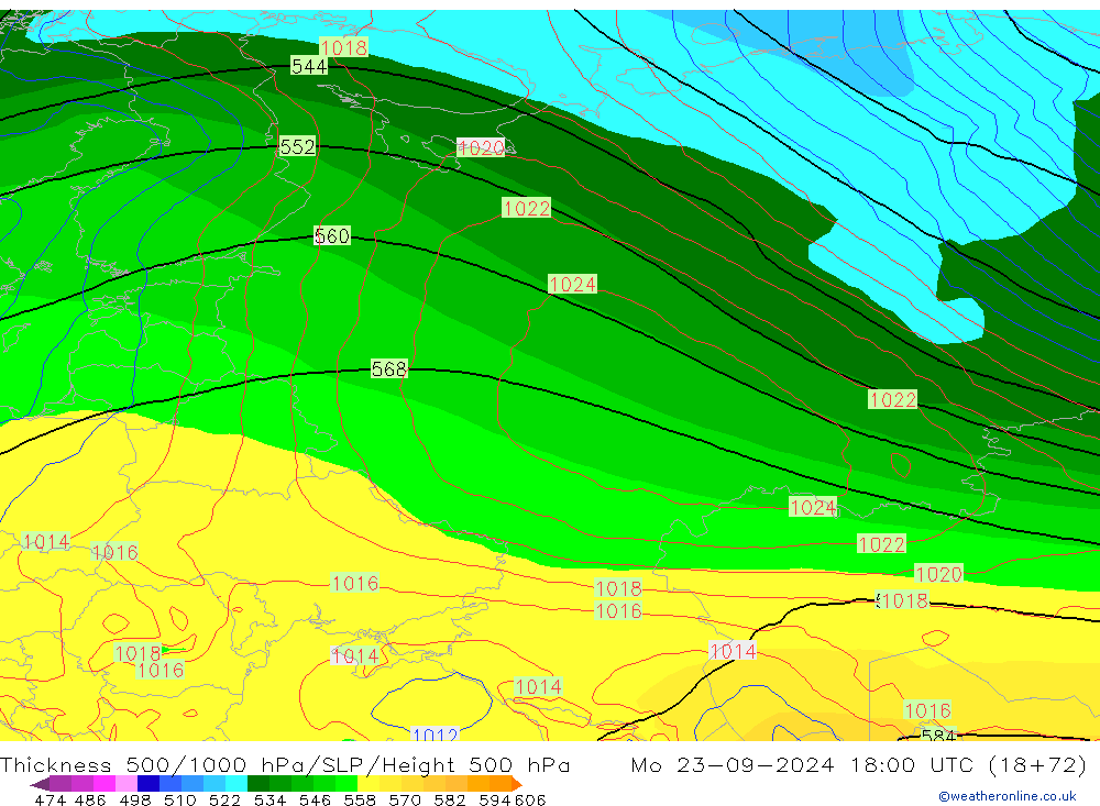 Thck 500-1000гПа GFS пн 23.09.2024 18 UTC