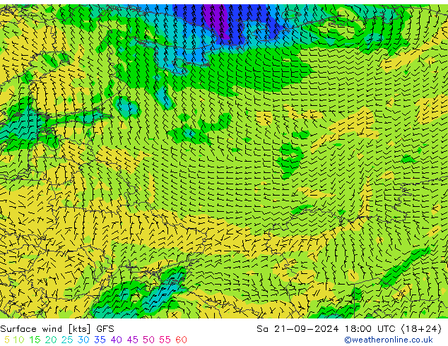 ветер 10 m GFS сб 21.09.2024 18 UTC