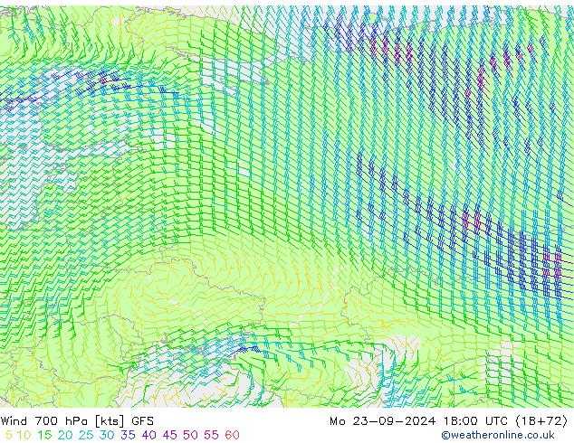 Viento 700 hPa GFS lun 23.09.2024 18 UTC