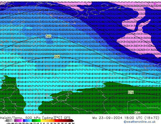 Z500/Rain (+SLP)/Z850 GFS пн 23.09.2024 18 UTC