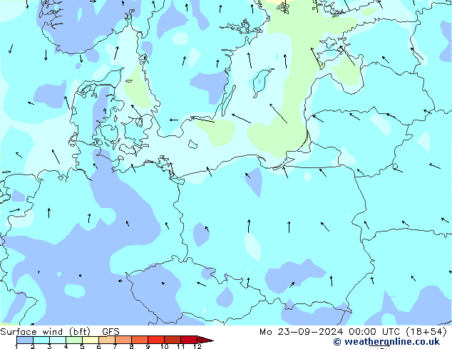 Surface wind (bft) GFS Mo 23.09.2024 00 UTC