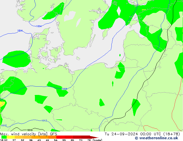 Max. wind snelheid GFS di 24.09.2024 00 UTC