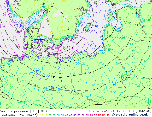 Isotachen (km/h) GFS Do 26.09.2024 12 UTC