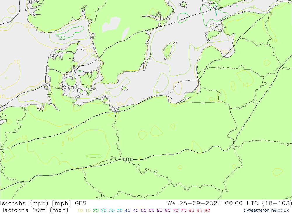 Eşrüzgar Hızları mph GFS Çar 25.09.2024 00 UTC