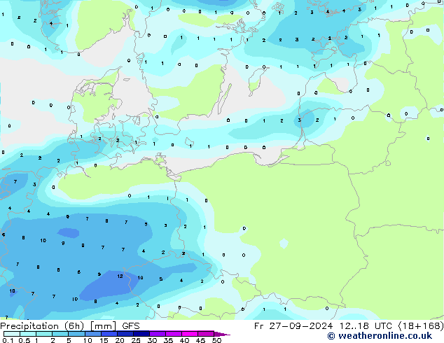 Precipitación (6h) GFS vie 27.09.2024 18 UTC