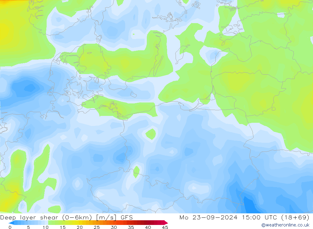 Deep layer shear (0-6km) GFS пн 23.09.2024 15 UTC