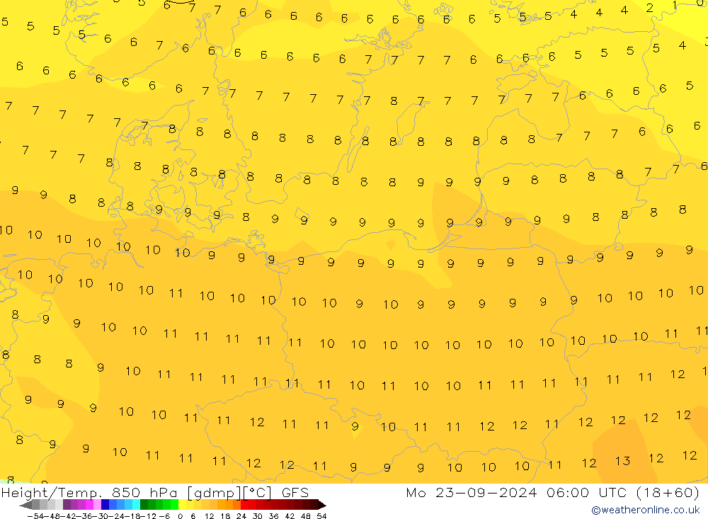 Hoogte/Temp. 850 hPa GFS ma 23.09.2024 06 UTC