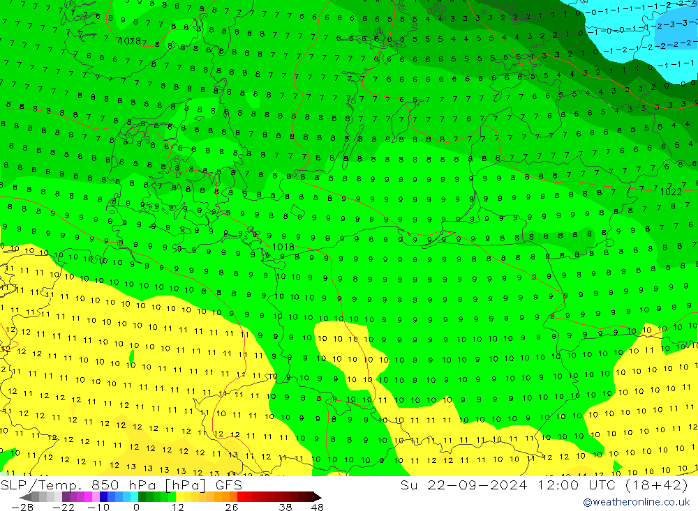 SLP/Temp. 850 hPa GFS dim 22.09.2024 12 UTC