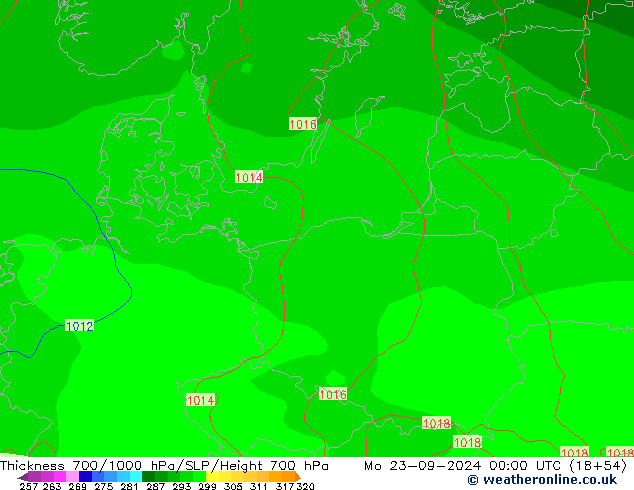 Thck 700-1000 hPa GFS pon. 23.09.2024 00 UTC