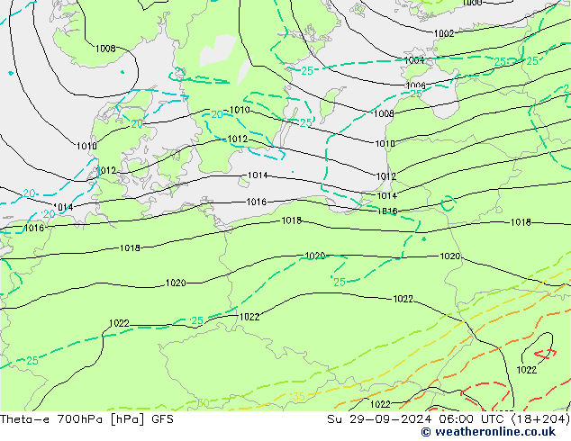 Theta-e 700hPa GFS nie. 29.09.2024 06 UTC