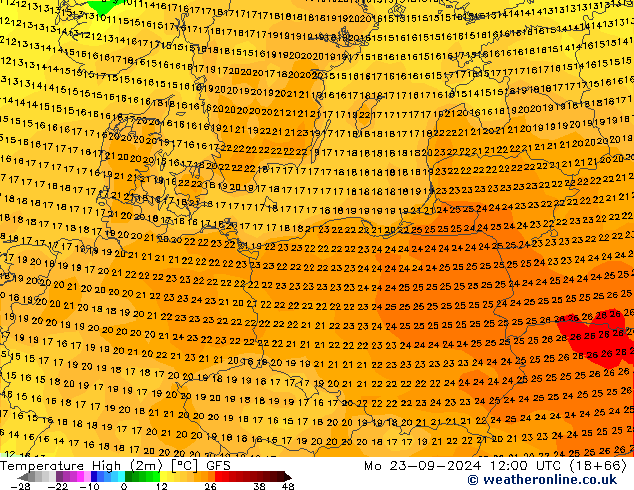 Nejvyšší teplota (2m) GFS Po 23.09.2024 12 UTC