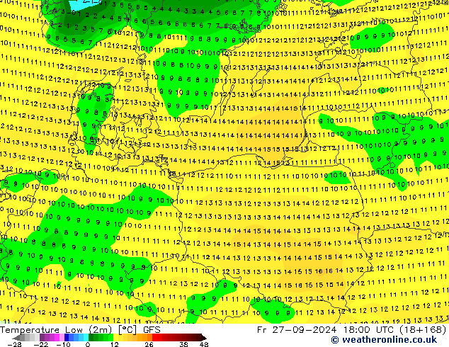 Temperature Low (2m) GFS Fr 27.09.2024 18 UTC