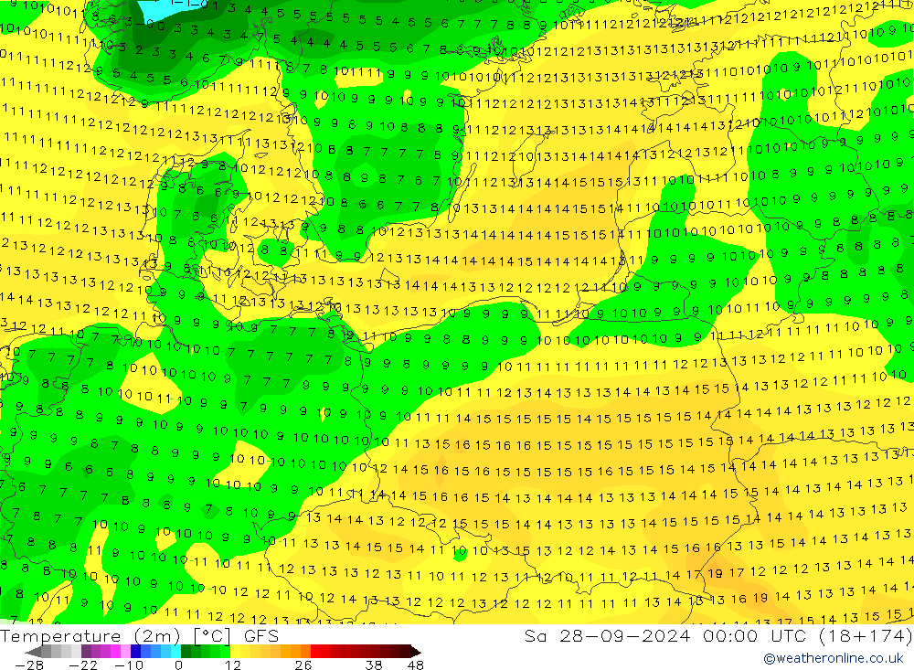 Temperature (2m) GFS Sa 28.09.2024 00 UTC