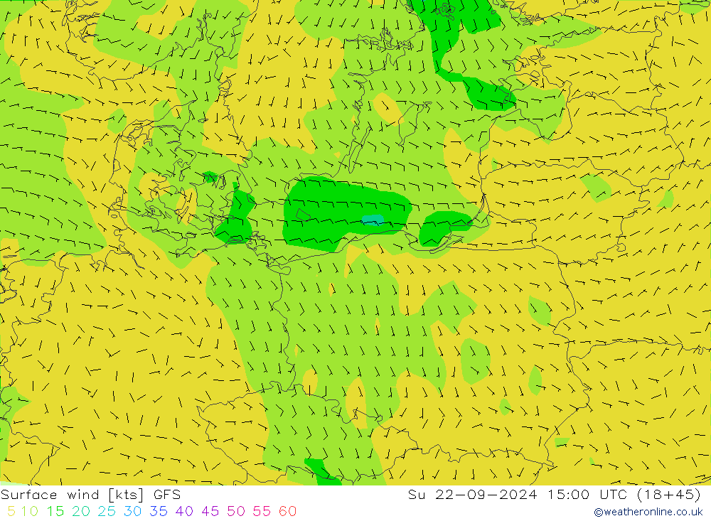 wiatr 10 m GFS nie. 22.09.2024 15 UTC