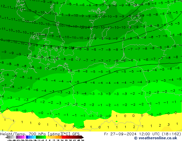 Height/Temp. 700 hPa GFS ven 27.09.2024 12 UTC