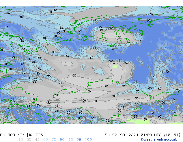 RH 300 гПа GFS Вс 22.09.2024 21 UTC