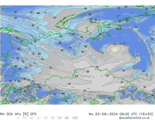 Humedad rel. 300hPa GFS lun 23.09.2024 09 UTC