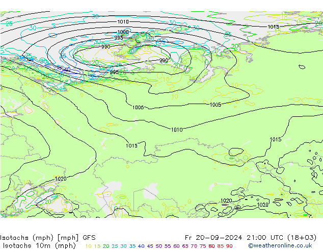 Isotaca (mph) GFS vie 20.09.2024 21 UTC