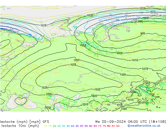 Izotacha (mph) GFS śro. 25.09.2024 06 UTC