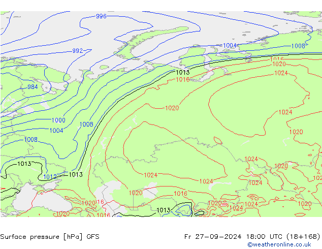 Atmosférický tlak GFS Pá 27.09.2024 18 UTC