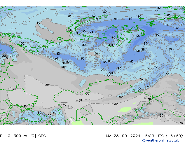 Humedad rel. 0-300m GFS lun 23.09.2024 15 UTC