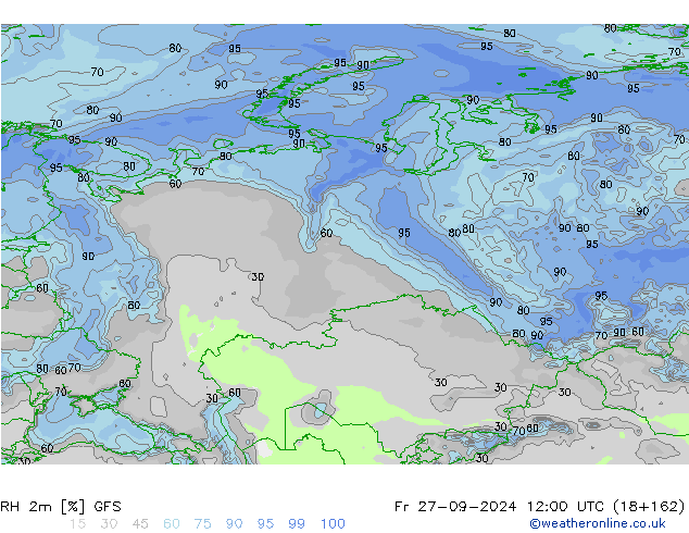 Humedad rel. 2m GFS vie 27.09.2024 12 UTC