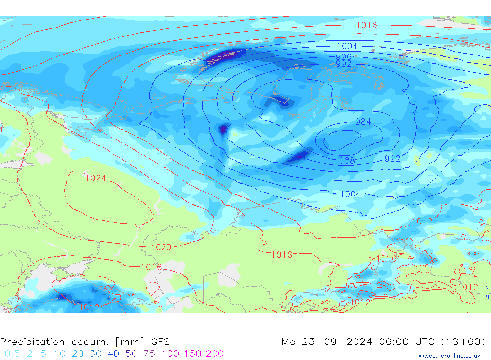 Totale neerslag GFS ma 23.09.2024 06 UTC