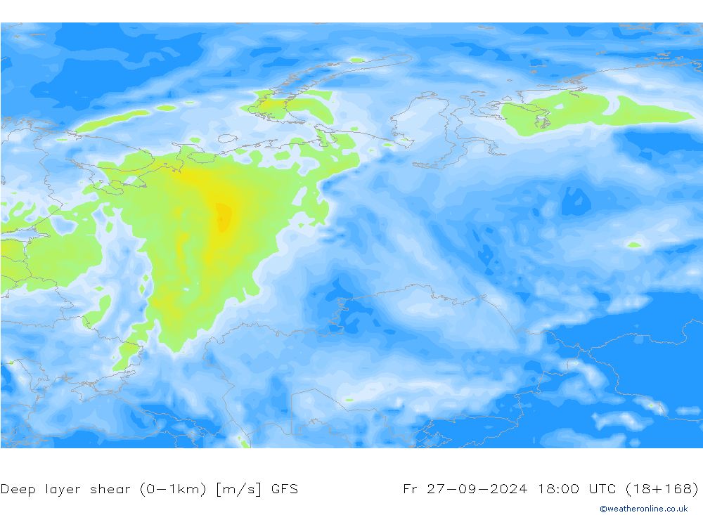 Deep layer shear (0-1km) GFS Fr 27.09.2024 18 UTC