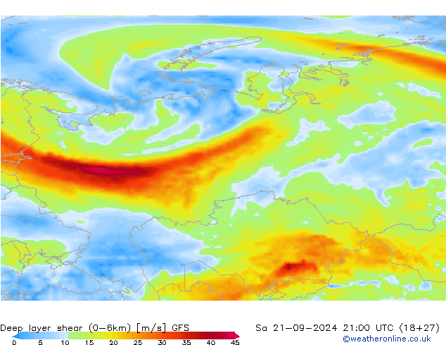 Deep layer shear (0-6km) GFS Sa 21.09.2024 21 UTC