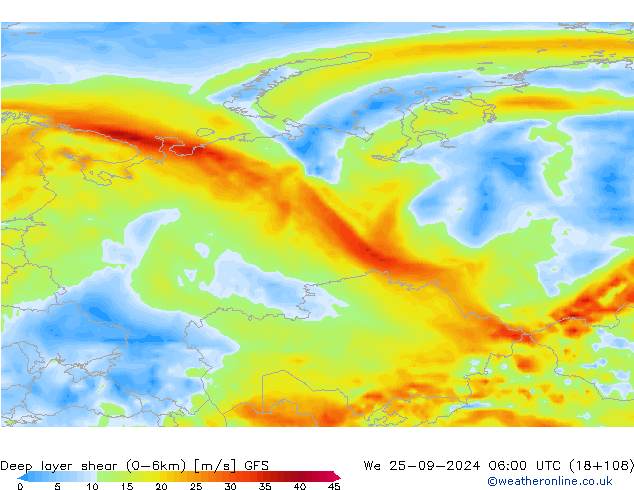 Deep layer shear (0-6km) GFS  25.09.2024 06 UTC