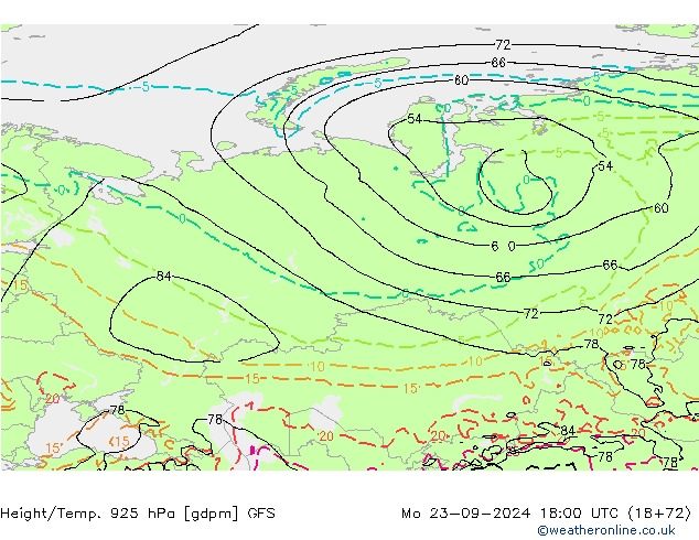 Height/Temp. 925 hPa GFS Po 23.09.2024 18 UTC