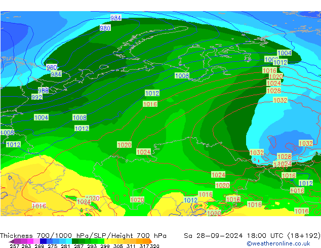 Thck 700-1000 hPa GFS So 28.09.2024 18 UTC