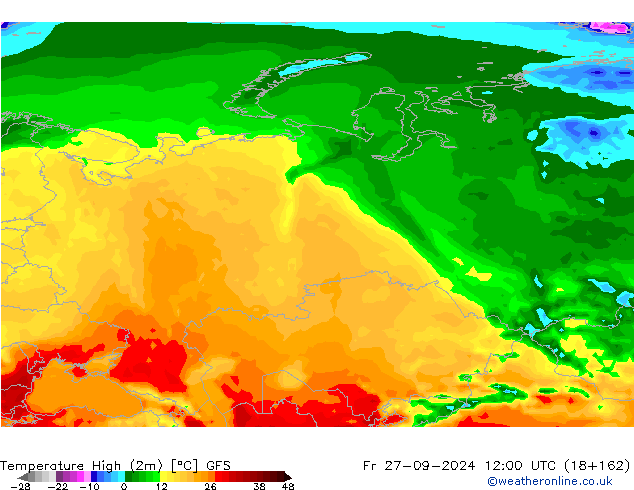 Max.temperatuur (2m) GFS vr 27.09.2024 12 UTC