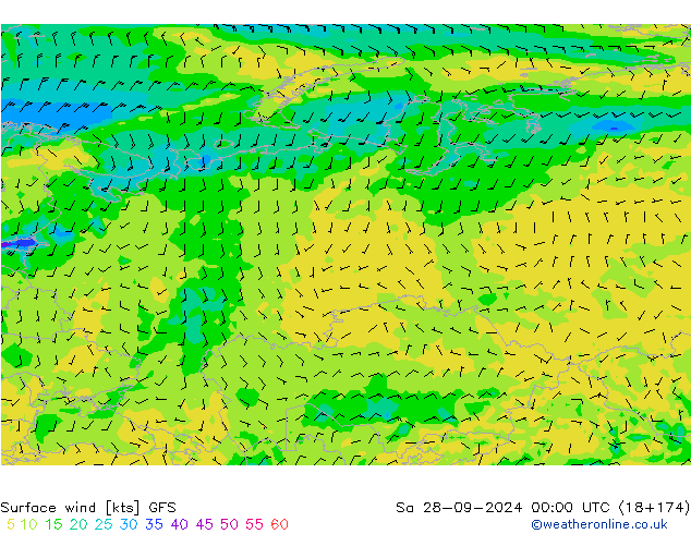 wiatr 10 m GFS so. 28.09.2024 00 UTC