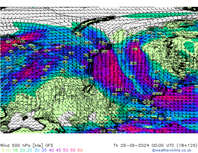 ветер 500 гПа GFS чт 26.09.2024 00 UTC