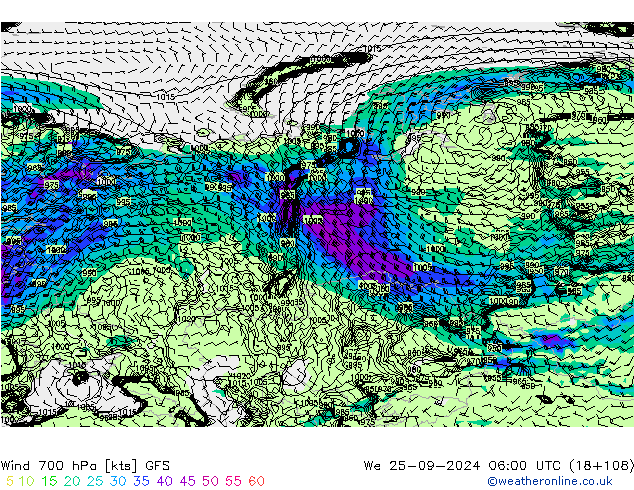 Rüzgar 700 hPa GFS Çar 25.09.2024 06 UTC