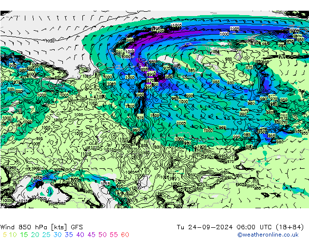 wiatr 850 hPa GFS wto. 24.09.2024 06 UTC