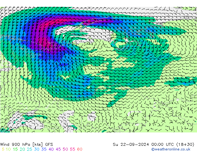 ветер 900 гПа GFS Вс 22.09.2024 00 UTC